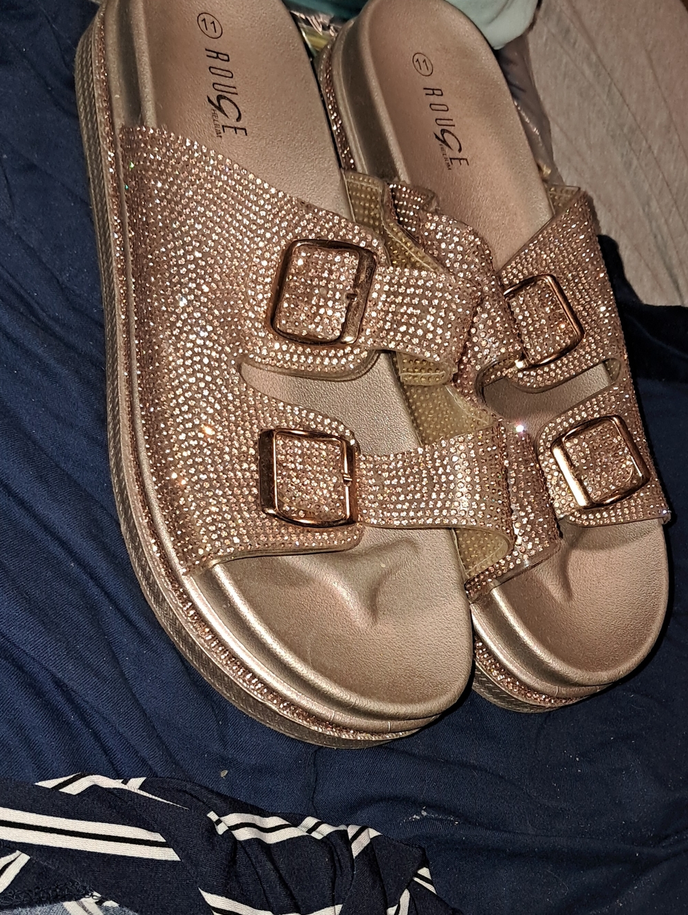 Rouge Helium Rose Gold Crystal Double-Buckle Slide Sandals